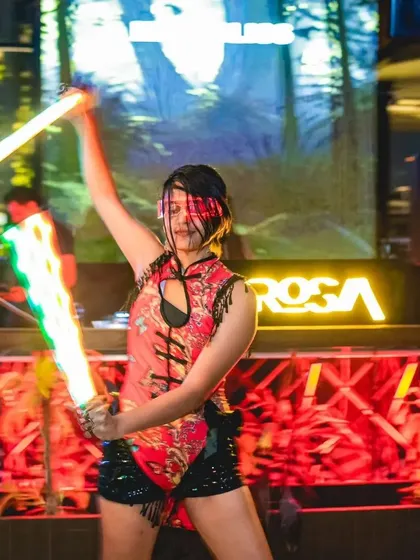 A close-up of my pixel poi performance at Raahi. The Chinese-style dress was a fun costume choice for this particular event.
