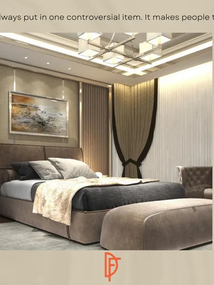 A sophisticated bedroom design with a neutral color palette, textured walls, and a unique curtain treatment that adds a touch of drama.