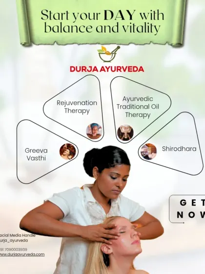 We offer a range of therapies to help you start your day with balance and vitality. This graphic highlights some of our key treatments, including the deeply calming Shirodhara.