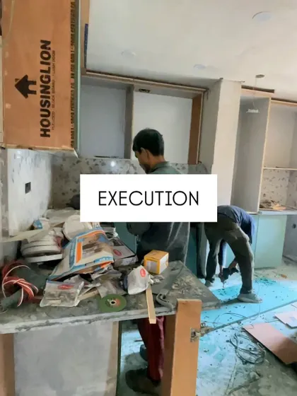 The execution phase. Here, my team is on-site, working on the carpentry and installation of the new kitchen cabinets. I personally supervise the work to ensure quality.