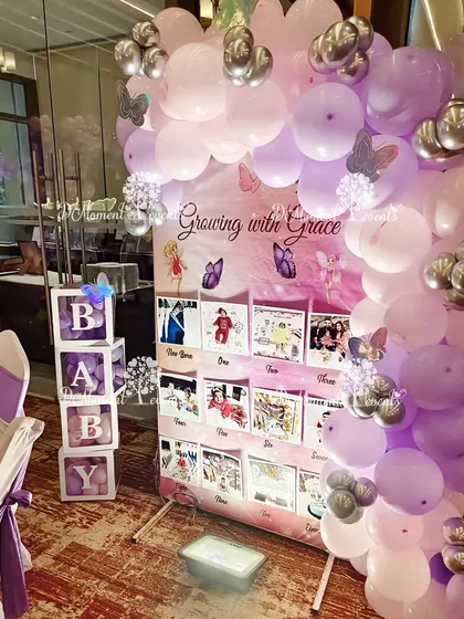 A "Growing with Grace" milestone board for a fairy-themed party, surrounded by a lovely lavender and pink balloon garland.