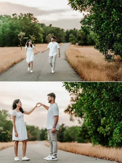 A romantic collage of a couple walking down a country road and making a heart shape with their hands.