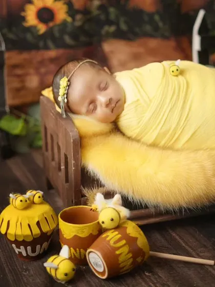 A sweet shot of the newborn sleeping on a tiny bed within the honeybee theme. The composition creates a storybook feel for this portrait.