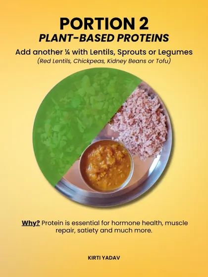 Step 2: Add another quarter of your plate with plant-based proteins. Lentils, chickpeas, kidney beans, or tofu are essential for hormone health, muscle repair, and keeping you full.