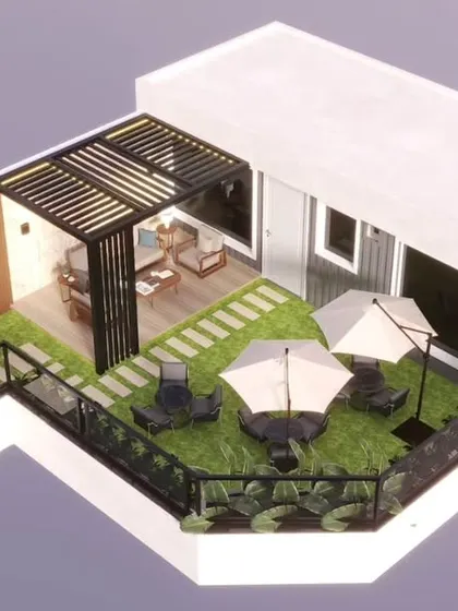 An isometric 3D view of the Model Town project. This layout shows how we can fit a pergola lounge, a separate seating area with umbrellas, and greenery into an L-shaped terrace.