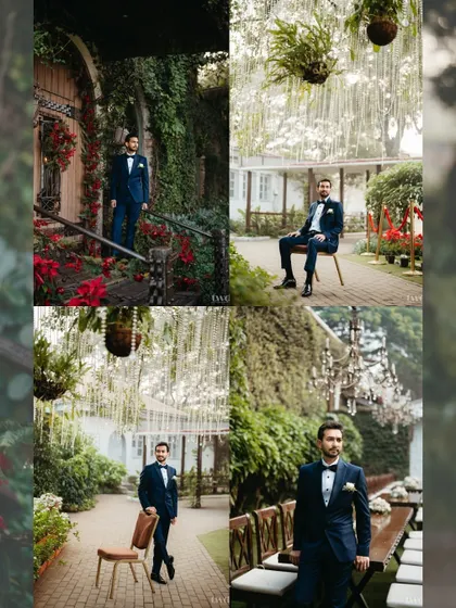 A collage of the groom in various poses around the beautiful garden venue. These shots showcase his style and the stunning ambiance of the wedding day.