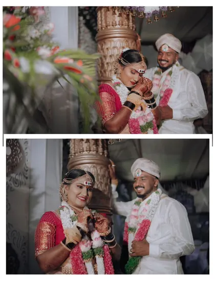 A collage showing the couple's interactions during their wedding rituals.