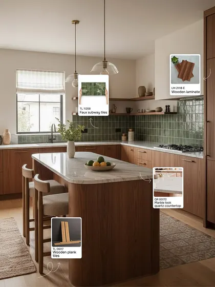 This kitchen design achieves a warm, earthy vibe. It features wooden plank flooring, faux subway tiles for the backsplash, and a beautiful marble-look quartz countertop on the island, all tied together with rich wooden laminates.