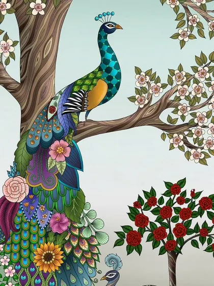A colorful and stylized peacock wallpaper design, where the feathers are intricately detailed with floral patterns, creating a unique and artistic look.