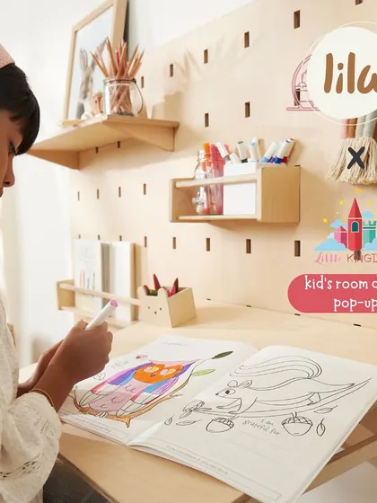 A pegboard wall system from Lila World, showcasing how their furniture is not only beautiful but also highly functional and adaptable to a growing child's needs.