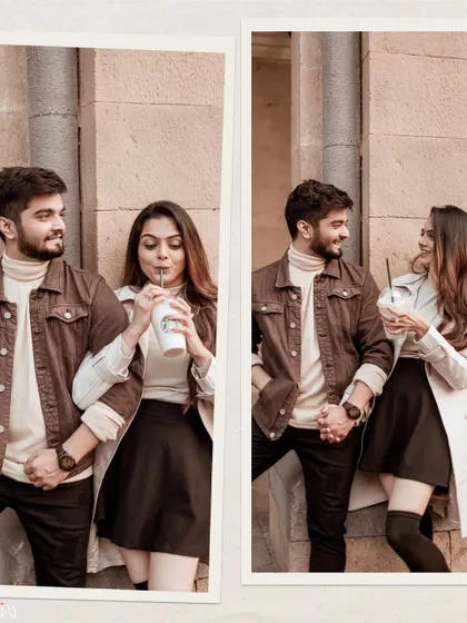 A stylish collage of a couple on a coffee date on the streets of Mumbai, showcasing their winter fashion.