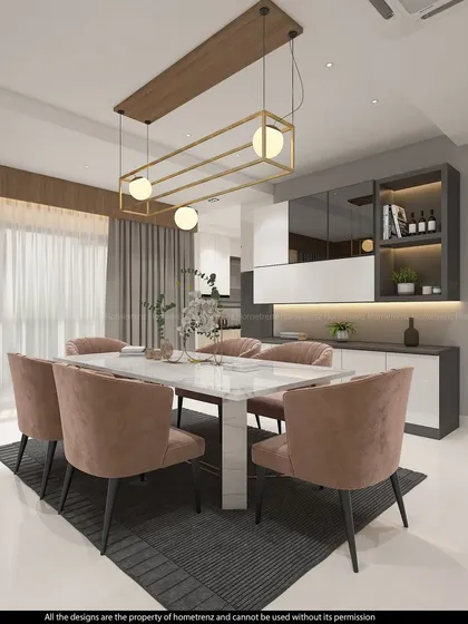 A dining area featuring a modern crockery unit with a mix of open and closed storage. The design is integrated seamlessly with the dining table and chairs for a cohesive look.