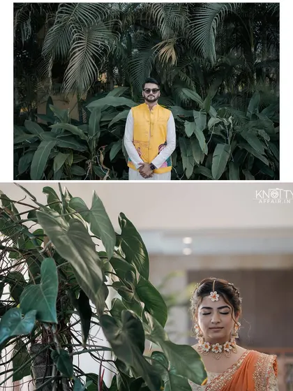 Individual portraits of the bride and groom against a lush, green backdrop before their Haldi ceremony begins.