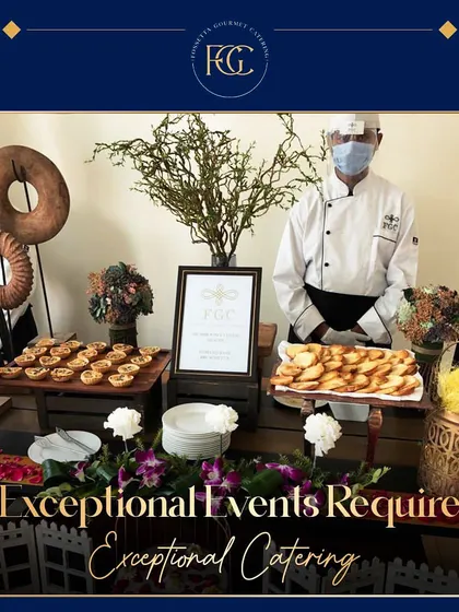A chef stands behind a rustic wooden dessert station. The display includes various tarts and pastries, reinforcing the message that "Exceptional Events Require Exceptional Catering."