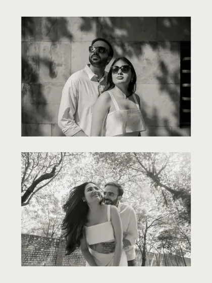 A duo of black and white portraits. The top image is a cool, stylish pose, while the bottom one is a warm, intimate embrace, showing their versatile chemistry.