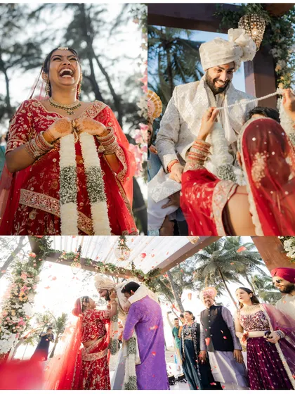 A collage of laughter and fun during the varmala ceremony. It shows the playful dynamic of the couple and the joyous atmosphere.