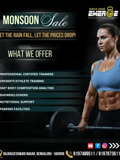 Part of our Monsoon Sale series, this poster focuses on our core offerings like professional trainers, body composition analysis, and nutritional support, available at a special price.