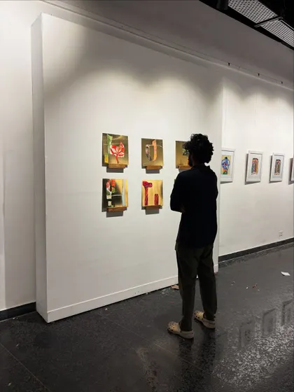 Part of my 'Mapping Memories' series, these mixed-media pieces are created on brass to explore how memories shine and fade over time. Exhibited in a gallery, this work invites viewers to see their own reflection, becoming part of the art themselves.