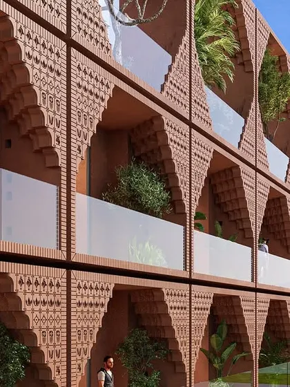 The facade detail shows the stepped arches and patterned brickwork, with a view of the Tirupati hills in the distance. Each balcony is a private sanctuary with a connection to nature.