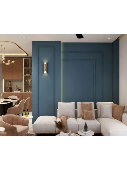 This image showcases the seamless transition from the living area to the dining space. The consistent color scheme and elegant lighting fixtures tie the two zones together beautifully.