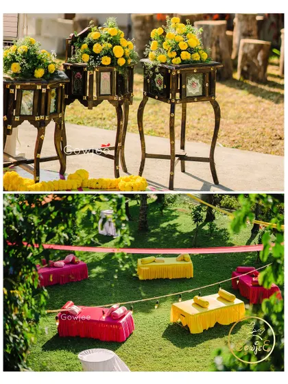 A closer look at the vibrant seating and traditional decor elements from a sunny outdoor Haldi ceremony.