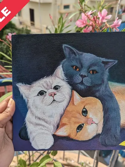 An adorable trio of cats snuggled together. This original acrylic painting captures the soft textures of their fur and their sweet expressions.