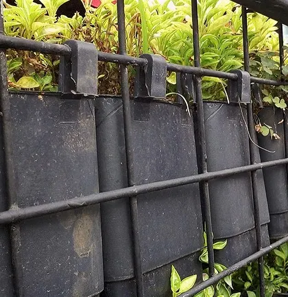 I provide different setup options for green walls. This image shows a close-up of a simple and effective squared mesh panel system with fabric pockets, which is a great, flexible solution for many types of installations.