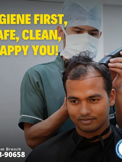 Before the surgery begins, careful preparation is key. Here, a patient's hair is being trimmed in our hygienic clinical environment, getting the scalp ready for the FUE procedure.