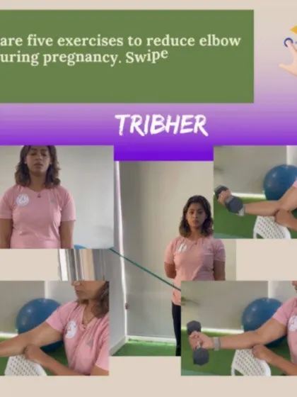 This graphic introduces a series of five exercises to reduce elbow pain during pregnancy and postpartum. It provides a quick visual overview of the movements designed to bring you relief.
