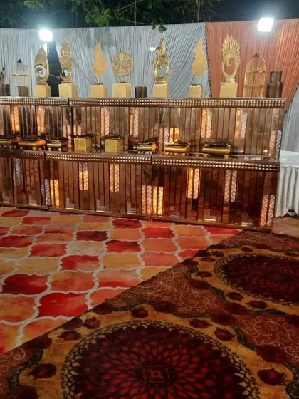 A wide view of our full buffet setup. The decorated counters and organized layout ensure a smooth and pleasant dining experience for all your guests.