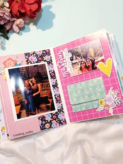A page from a bridal scrapbook, celebrating "The Bride and the Girls" with fun, bright colors.