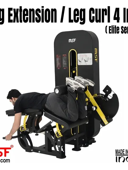 A user demonstrates the prone leg curl function on the 4-in-1 machine.