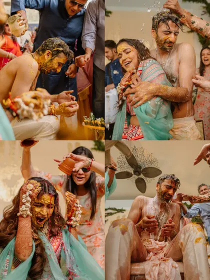A collage of fun and messy moments from a Haldi ceremony. This is what it's all about: laughter, joy, and celebrating with family and friends.