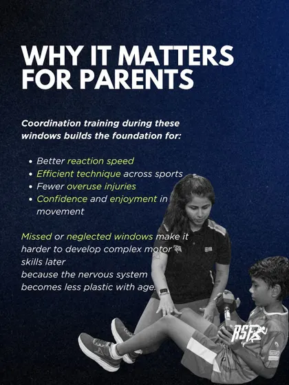 Why does this matter for parents? This infographic connects coordination training to tangible benefits like better reaction speed, fewer overuse injuries, and more confidence. It also explains why neglecting these windows makes it harder to learn complex skills later.