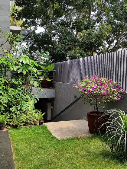 A multi-level garden space I designed, combining a small lawn area with potted plants like bougainvillea and lush tropical foliage near the staircase.