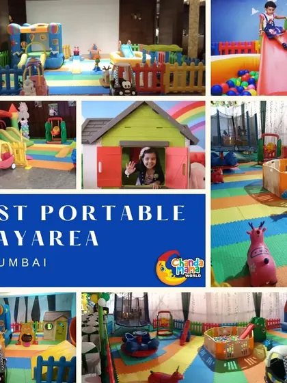 Best portable play area in Mumbai. This collage is packed with images of different setups, from outdoor bouncy castles to indoor playhouses and trampolines, showcasing my extensive inventory.