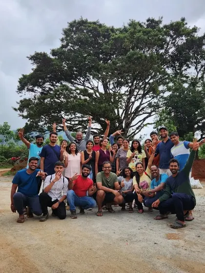 A happy group photo at the base of the Netravati trek, energized and ready for more adventures.
