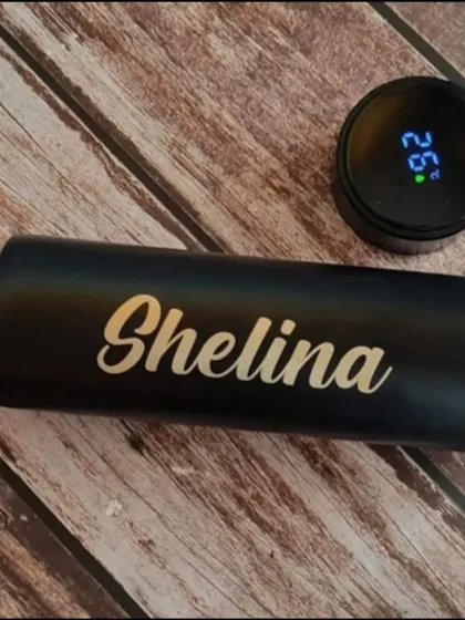 Another example of our custom temperature bottle, this one for 'Shelina.' The name is beautifully engraved on the matte black surface.