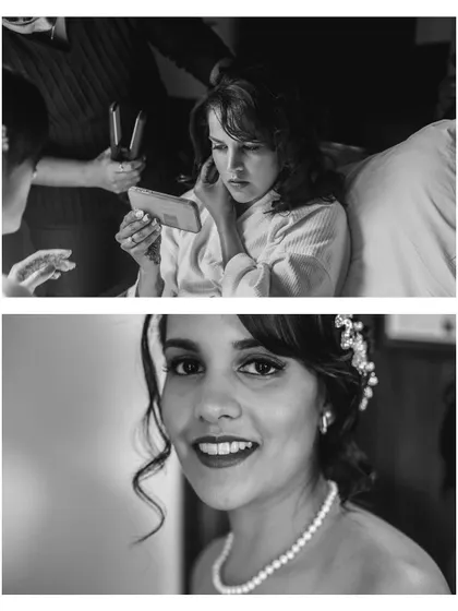 A collage of black and white images capturing the emotions of the getting ready process.
