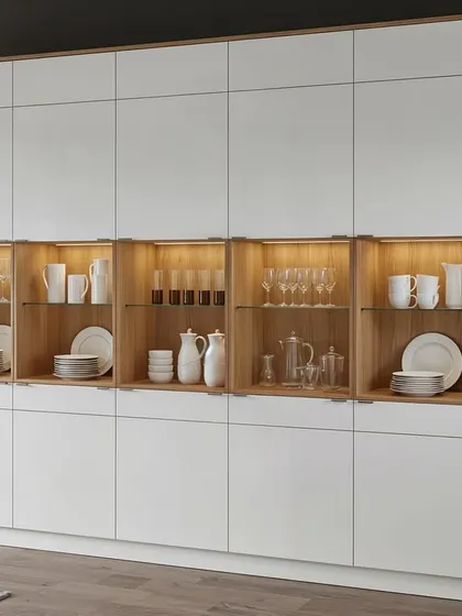 This render showcases a crockery unit that is both a design statement and a functional storage solution. The floor-to-ceiling white cabinets are broken up by a backlit wooden niche.