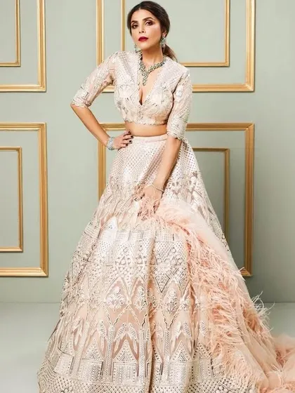 The feather-detail trend is so glamorous. I can incorporate elements like this feathered train into a custom lehenga for a unique, high-fashion touch.