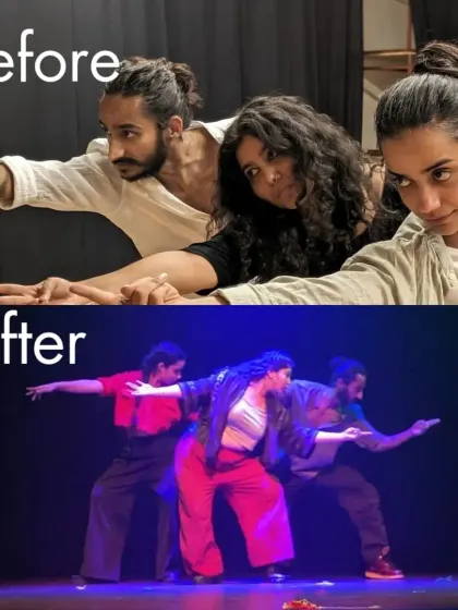 The evolution of a scene. This before and after shot shows how our dancers refine their movements and expressions from rehearsal to the final performance of 'Sea's Fire'.