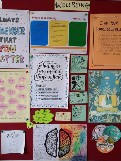 A close-up of our "Wellbeing" board, filled with positive affirmations, mental health resources, and student art. This shows my commitment to providing a supportive community that prioritizes students' mental and emotional well-being.