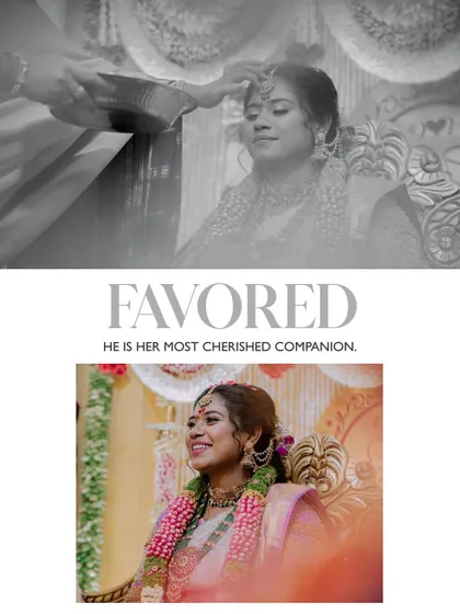 A collage showing a serene blessing during the wedding ceremony, captured in both black and white and color.