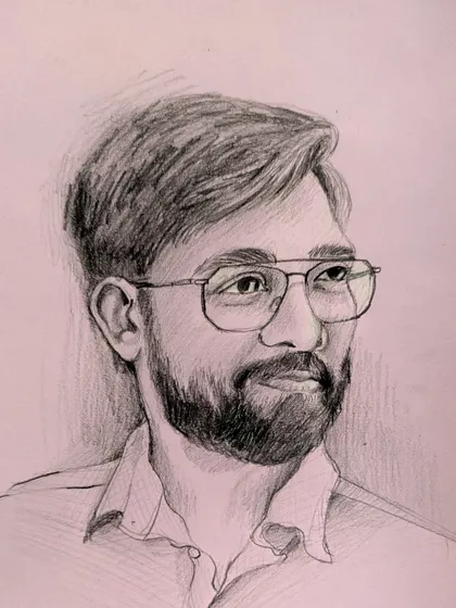 A closer look at the pencil portrait, showing the detailed shading on the face and hair. Even in a quick sketch, I focus on capturing the light and structure of the features.