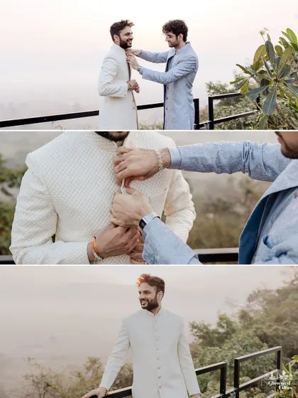 The groom, Ankit, getting ready with his friends against the scenic, sun-kissed backdrop of the Karjat hills.