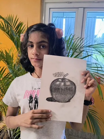 This detailed apple sketch by Kaveri showcases the amazing shading and fine art skills taught in our studio. It’s a great example of the more advanced artwork available in our collection. (Note: Media 9 is a duplicate and is covered by this entry).