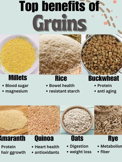 An infographic showing the top benefits of different grains like millets, rice, buckwheat, and quinoa.