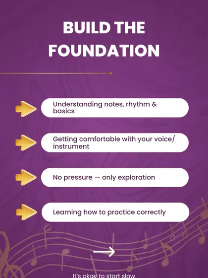 To build a strong foundation, we focus on understanding notes and rhythm, getting comfortable with your instrument, and learning how to practice correctly in a no-pressure environment.