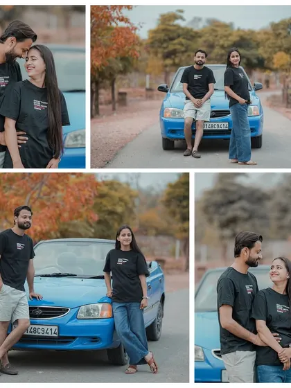 A casual and fun shoot with a convertible car. The couple's matching t-shirts and relaxed poses show their comfortable and playful dynamic.